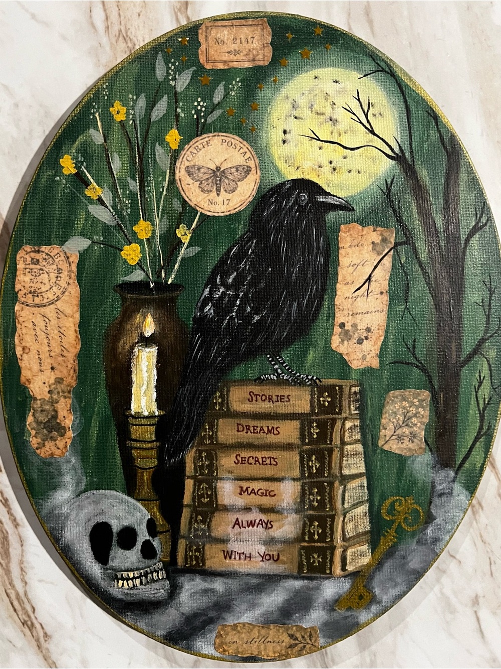 Original 11x14 Gothic Raven Mixed Media Painting Dark Academia Art